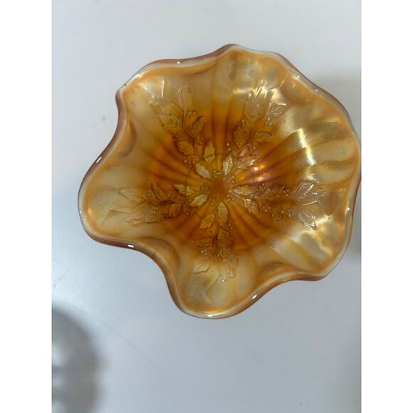 Carnival Glass Imperial Marigold Compote Stem Leaf Design 4" Tall Orange Vintage - Picture 3 of 3